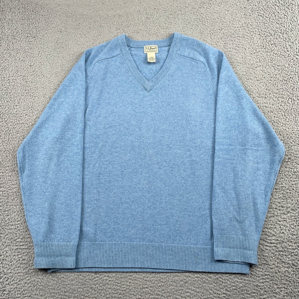 LL Bean Sweater Mens XL Blue V-Neck Lambswool Pullover Long Sleeve Classic Knit